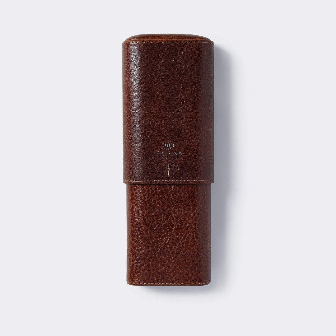 Custom "Show Band" 3-Cigar Case Made with Antique Saddle Brown Leather and Walnut Wood