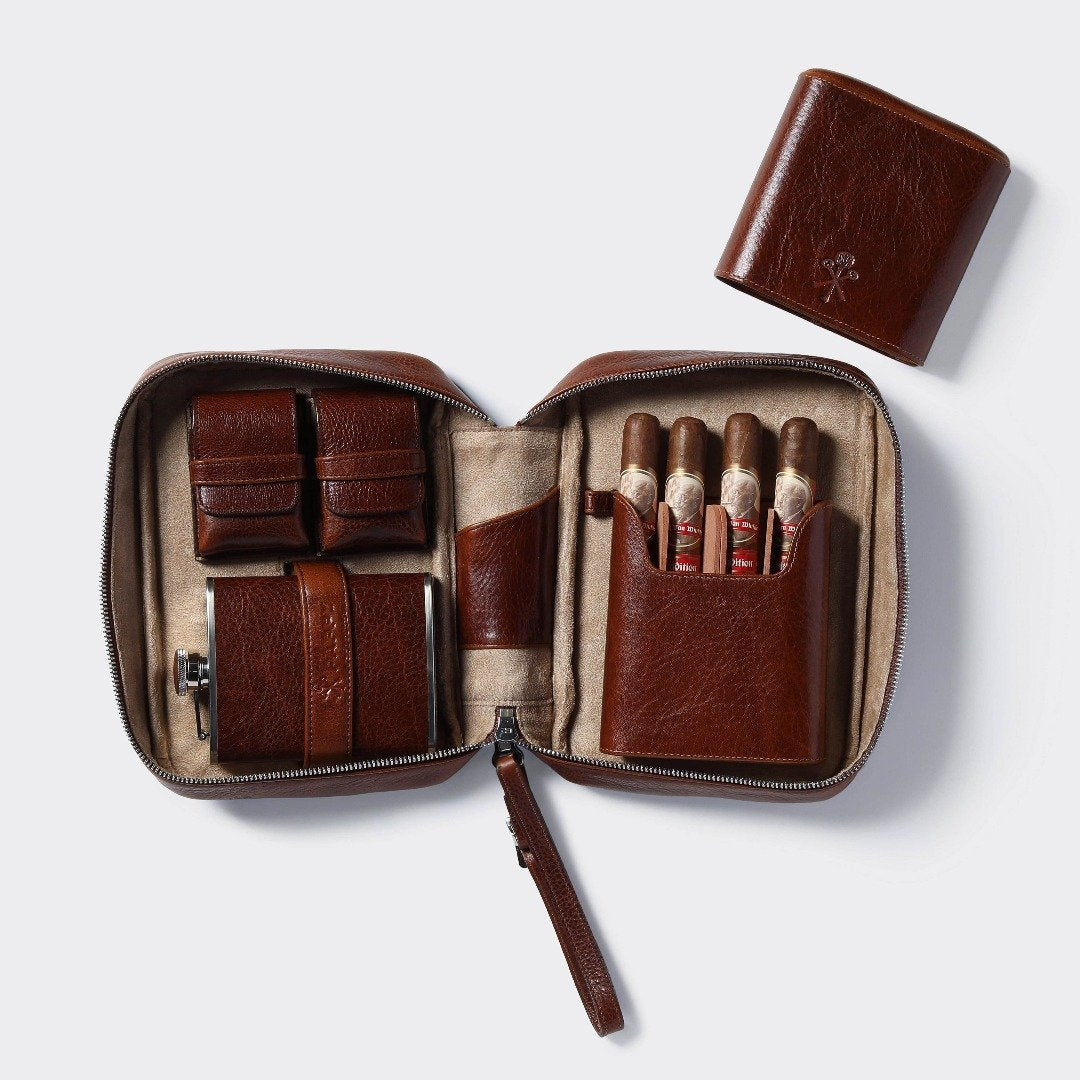 Custom Havana Leather Cigar Travel Case in Antique Saddle