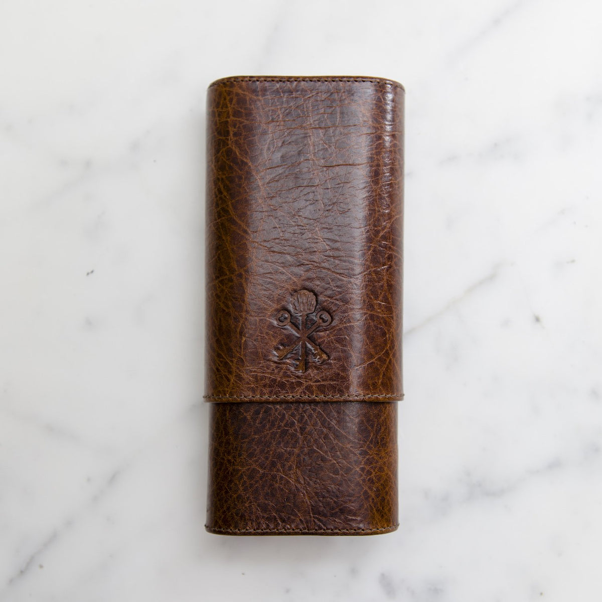Custom "Show Band" 3-Cigar Case Made with Antique Saddle Brown Leather and Walnut Wood