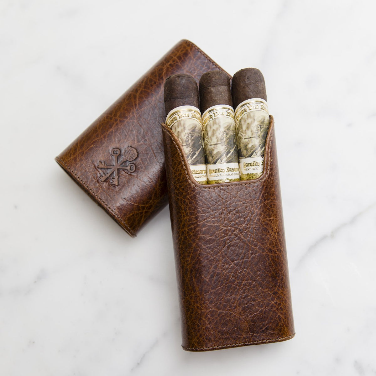 Custom "Show Band" 3-Cigar Case Made with Antique Saddle Brown Leather and Walnut Wood