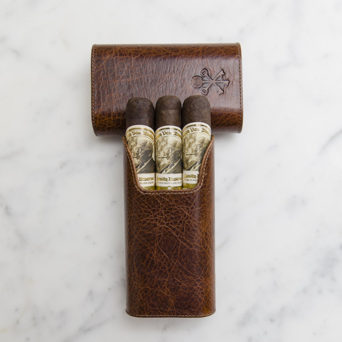 Custom "Show Band" 3-Cigar Case Made with Antique Saddle Brown Leather and Walnut Wood