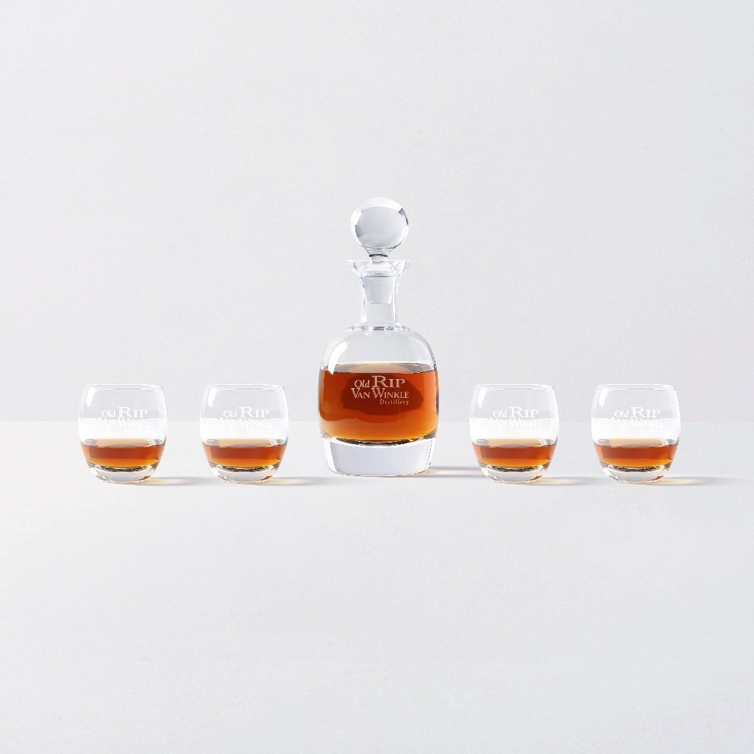 Old Rip Van Winkle Decanter & Set of 4 Rocks Glasses
