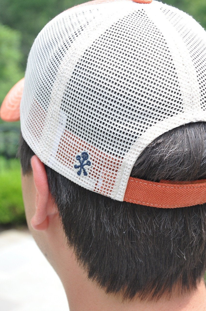 Comfortable Vintage Label Trucker Hat in Pumpkin Orange