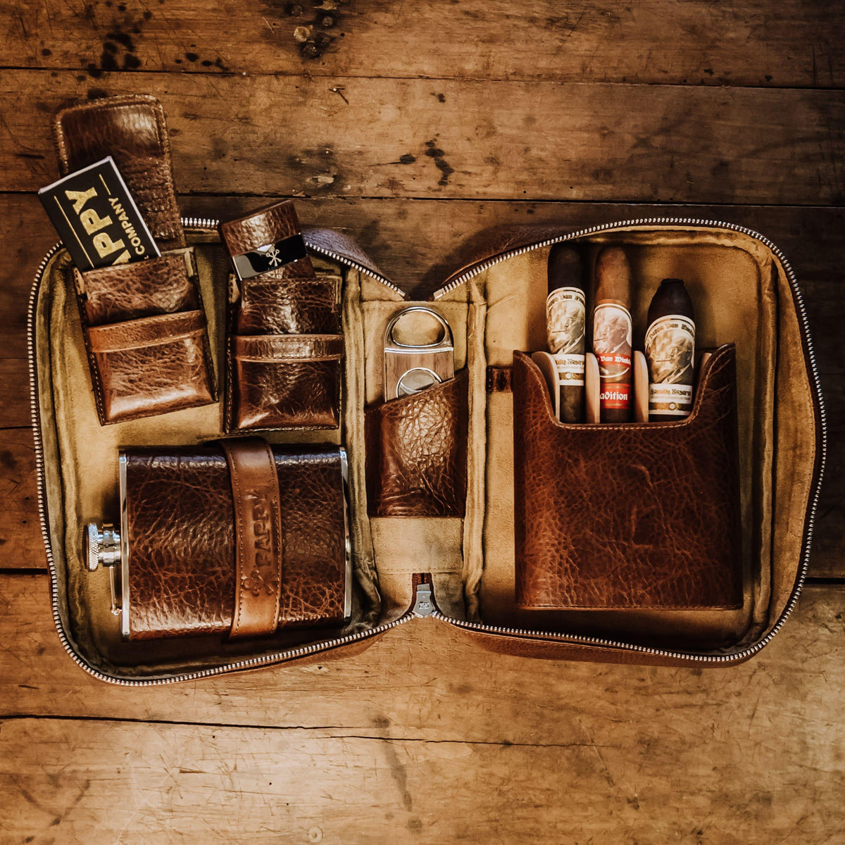 Custom Havana Leather Cigar Travel Case in Antique Saddle