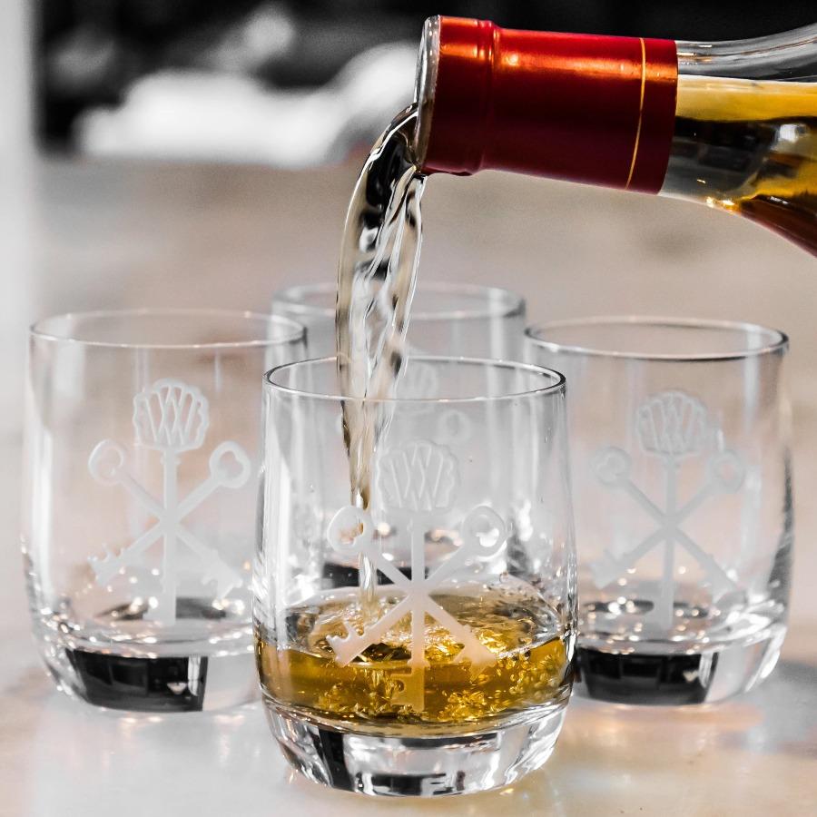 Key-etched Crystal Rocks Glasses (Set of 4)