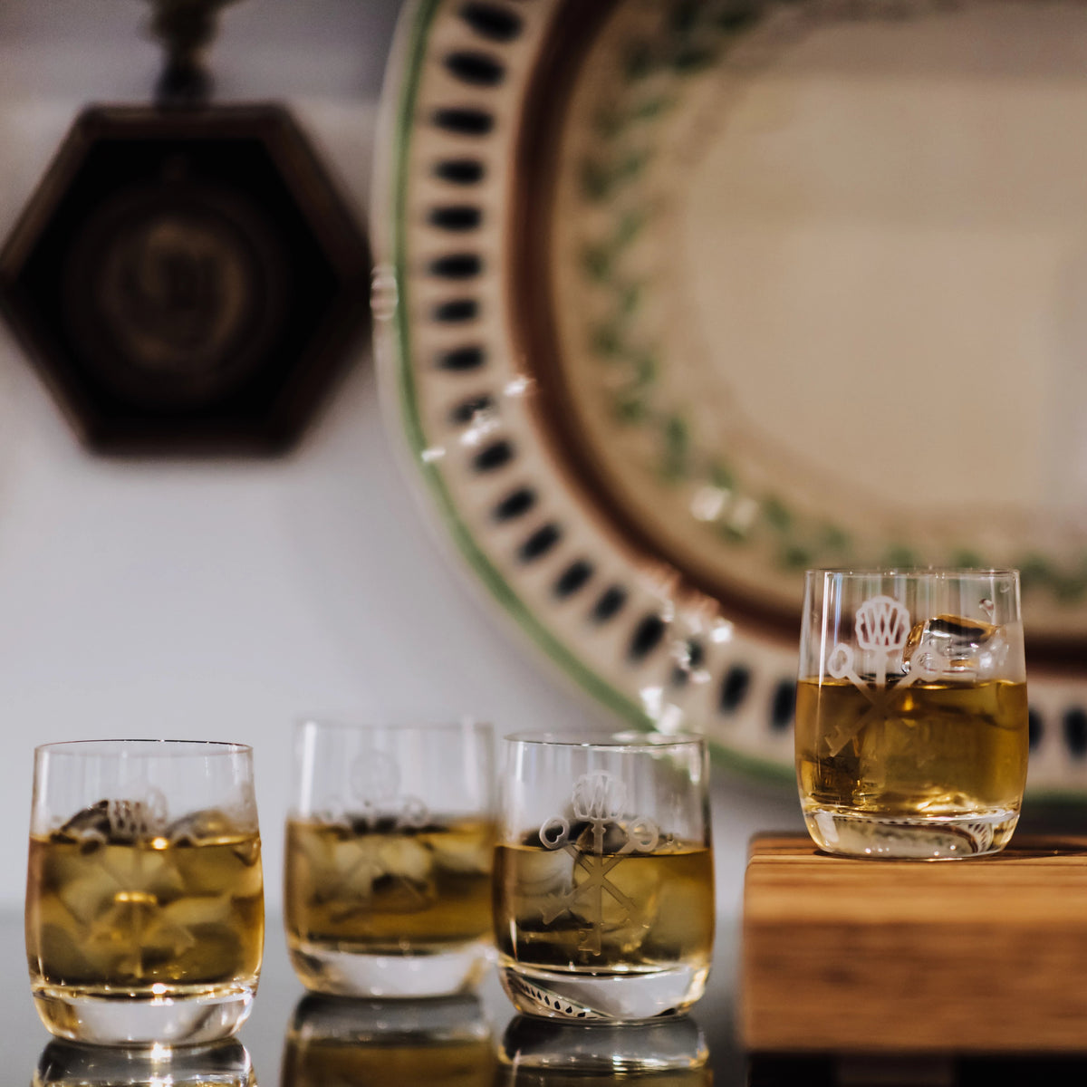 Key-etched Crystal Rocks Glasses (Set of 4)